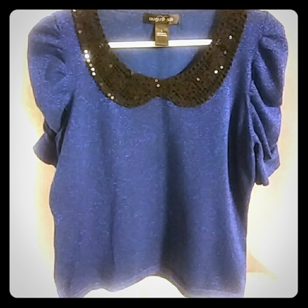Y2k Blue Sparkle Top Ruffle Sleeve Embroidered Collar Grunge Feminine